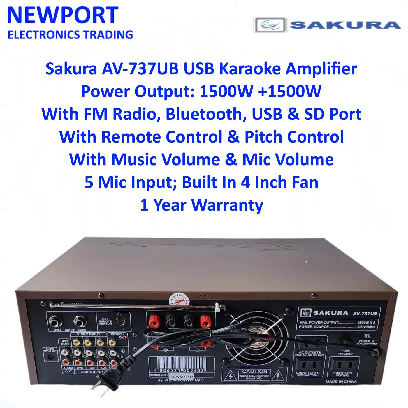 SAKURA AV-737UB USB KARAOKE AMPLIFIER, 1500W X 2 POWER OUTPUT, WITH USB AND SD PORT, BLUETOOTH, 5 MIC INPUT, 1 YEAR WARRANTY