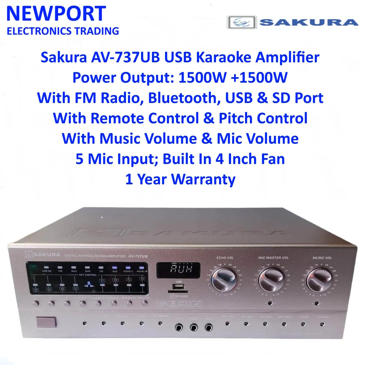 SAKURA AV-737UB USB KARAOKE AMPLIFIER, 1500W X 2 POWER OUTPUT, WITH USB AND SD PORT, BLUETOOTH, 5 MIC INPUT, 1 YEAR WARRANTY
