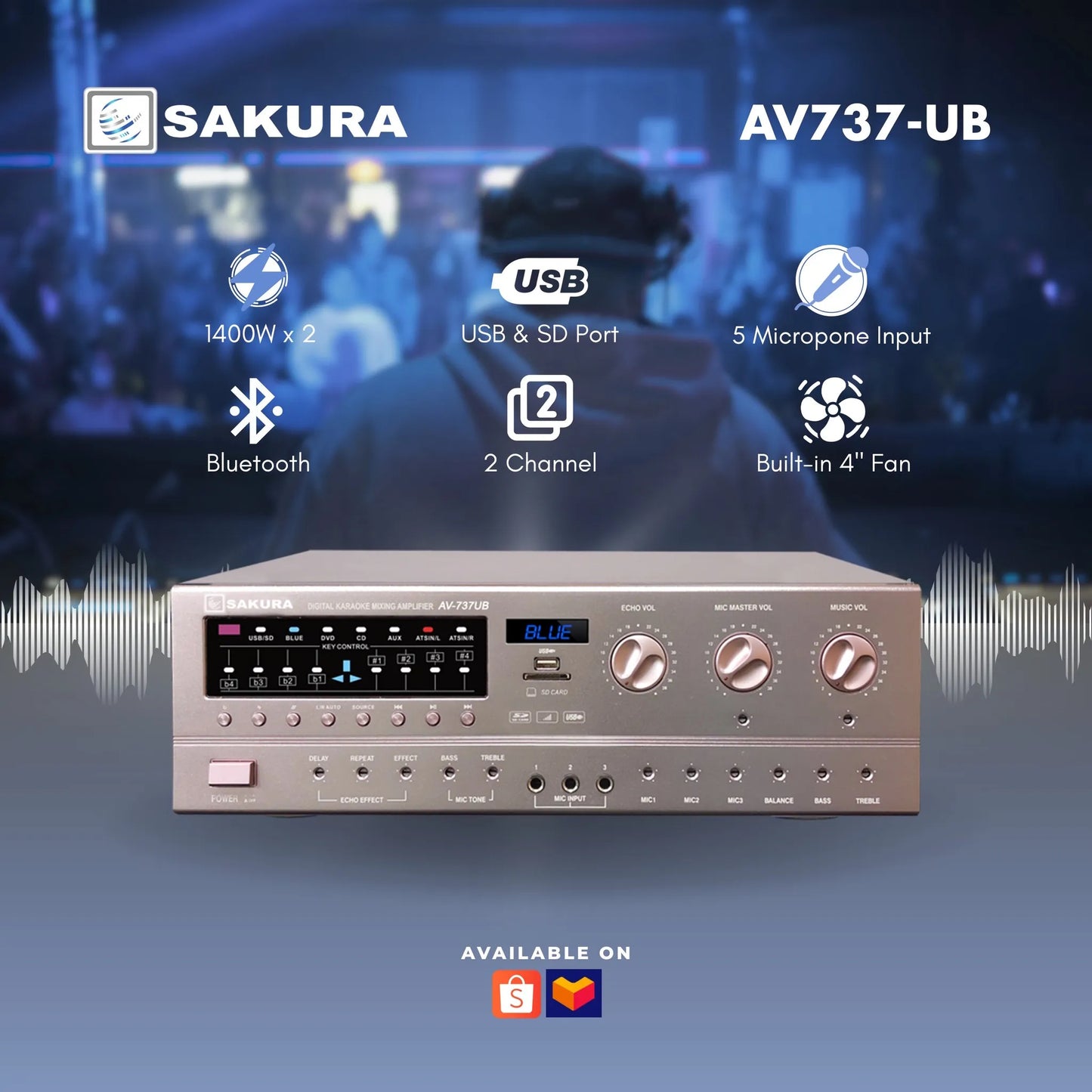 SAKURA AV-737UB USB KARAOKE AMPLIFIER, 1500W X 2 POWER OUTPUT, WITH USB AND SD PORT, BLUETOOTH, 5 MIC INPUT, 1 YEAR WARRANTY